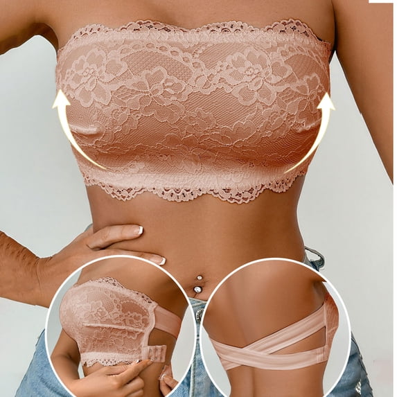 Guieoi Bra for Women Plus Size Bandeau Solid Color Strapless Ultra Thin Padding Free Comfortable Wireless Lace Bandeau Underwear Beige S