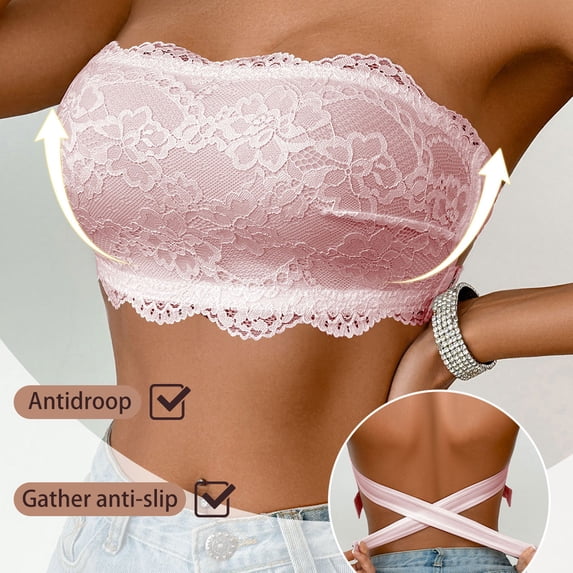 Guieoi Bra for Women Plus Size Bandeau Solid Color Strapless Ultra Thin Padding Free Comfortable Wireless Lace Bandeau Underwear Pink XL