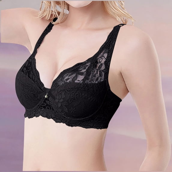 Guieoi Bra for Women Solid Color Underwire Lace Plus Size Pushing Up Lightweight Breathable Bralettes Underwear Black 85B