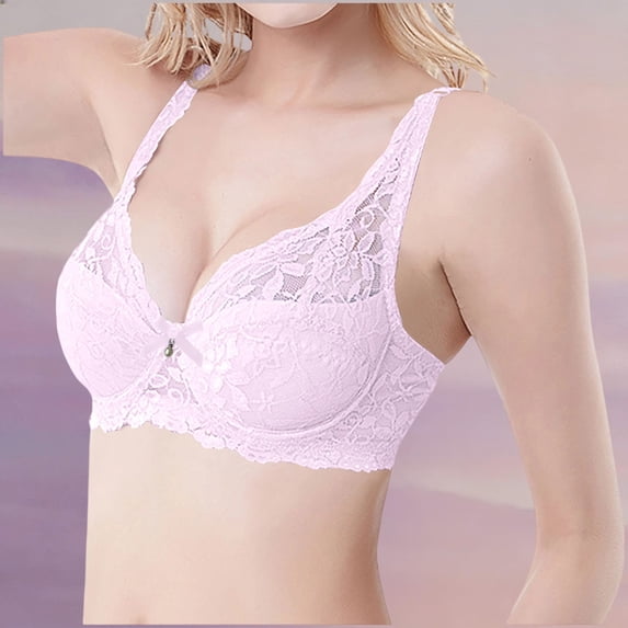 Guieoi Bra for Women Solid Color Underwire Lace Plus Size Pushing Up Lightweight Breathable Bralettes Underwear Pink 75C