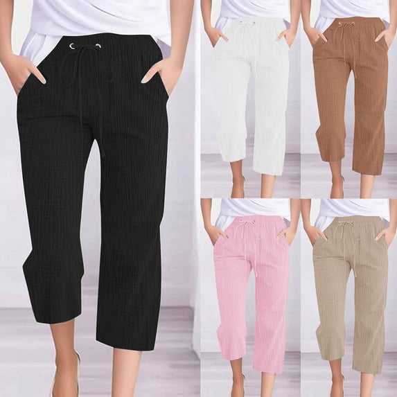 Guieoi Capri Pants for Women Plus Size with Pockets Drawstring Cotton-Linen Casual Loose-Fit Wide-Leg Straight-Leg 7/8 Length Cropped Trousers White XL