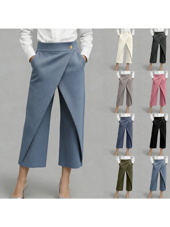 Capri Pants for Women Plus Size with Pockets High-Waisted Wrap-Front Cut Long Casual Wide-Leg 7/8 Length with Decorative Buttons Cropped Trousers Black XXL