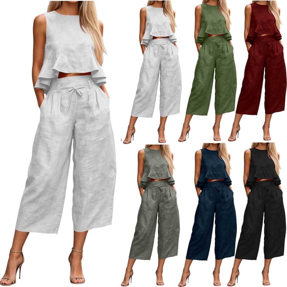 Guieoi Capri Pants for Women Plus Size with Pockets Cotton-Linen Sleeveless Set Tank Top + 7/8 Length Cropped Trousers Red S