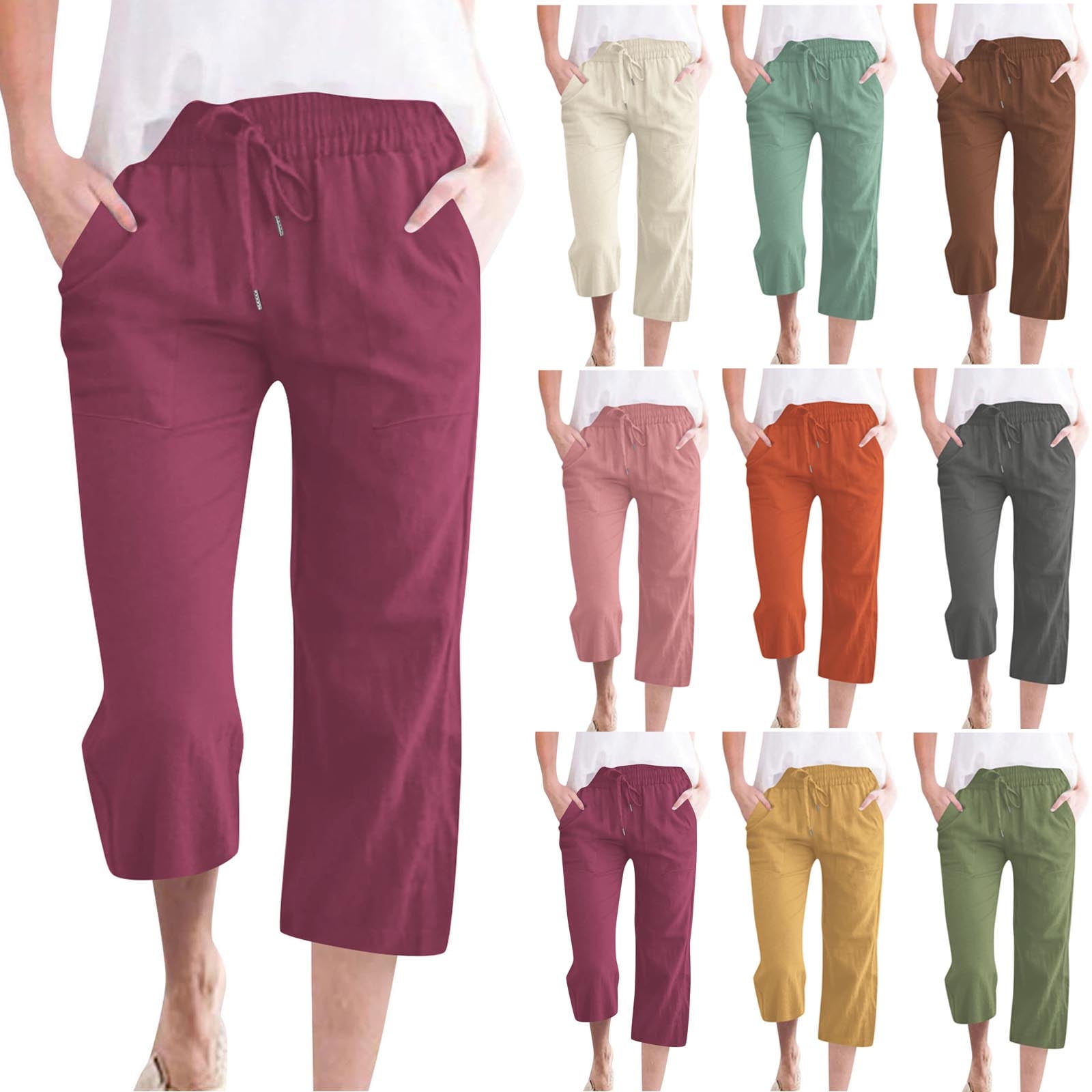 Guieoi Capri Pants for WomenCotton Linen Plus Size with Pockets