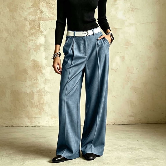 Guieoi Casual High-Waisted Suited Pants with Center-Seam Pleats Drape Slight Flared Silhouette and Slimming Wide Leg Blue S