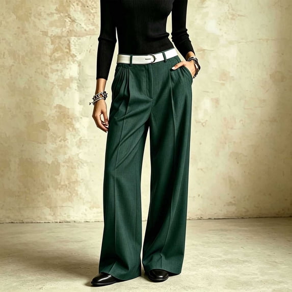 Guieoi Casual High-Waisted Suited Pants with Center-Seam Pleats Drape Slight Flared Silhouette and Slimming Wide Leg Green XL