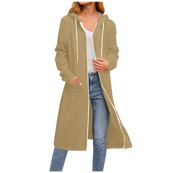 Guieoi Casual Long Sweatshirts for Women Plus Size Zipper Front Women's Trendy Solid Color Long Sleeve Hooded Jackets with Pockets Brown Black*Friday/Cyber*Monday