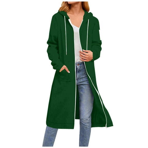 Guieoi Casual Long Sweatshirts for Women Plus Size Zipper Front Women's Trendy Solid Color Long Sleeve Hooded Jackets with Pockets Green Black*Friday/Cyber*Monday