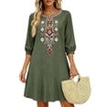 thumbnail image 1 of Guieoi Cotton-Linen Dresses for Women Bohemian Embroidered Dress V-Neck 3/4-Sleeve Casual Loose-Fit Dress Green M, 1 of 6