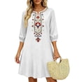 thumbnail image 1 of Guieoi Cotton-Linen Dresses for Women Bohemian Embroidered Dress V-Neck 3/4-Sleeve Casual Loose-Fit Dress White M, 1 of 6