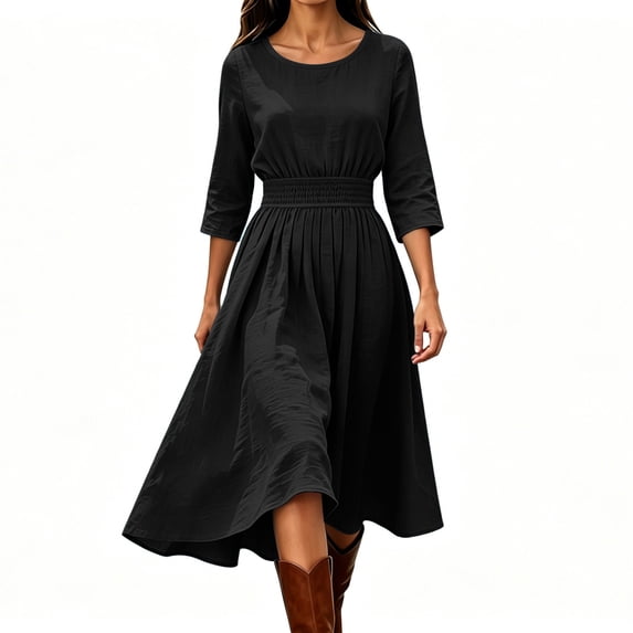 Guieoi Cotton-Linen Dresses for Women Solid-Color Casual Minimalist Loose-Fit Dress with Elastic Waist and 3/4-Sleeve Black S
