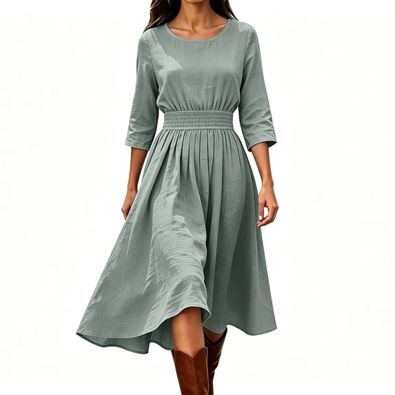Guieoi Cotton-Linen Dresses for Women Solid-Color Casual Minimalist Loose-Fit Dress with Elastic Waist and 3/4-Sleeve Gray XL