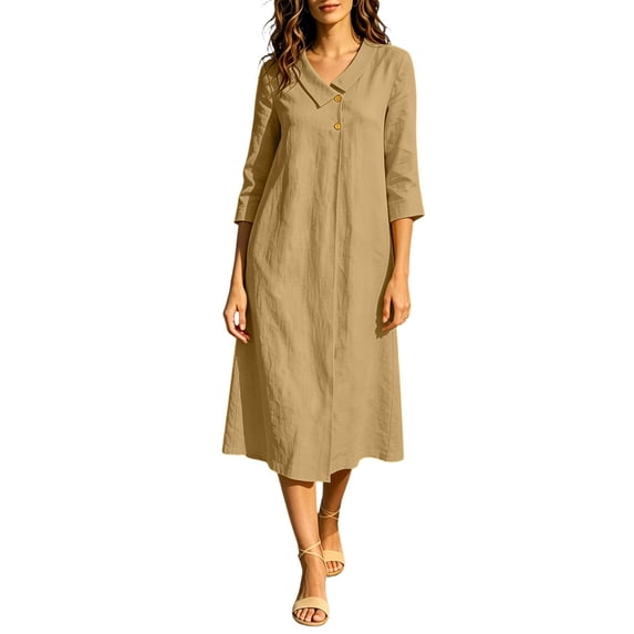 Guieoi Cotton-Linen Dresses for Women Solid-Color Collared 3/4-Sleeve Dress with Pockets Brown S