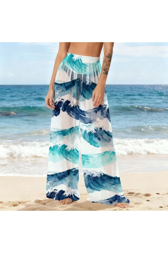 Cover ups for Women Plus Size Women's Chiffon Lightweight Sun Protection Beach Pants Cover Pants Wide Leg Bohemian Style Printed Pants White S