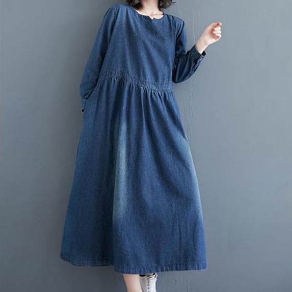 Guieoi Denim Dresses for Women Plus Round-Neck Solid Color Casual Long-Sleeve Jean Dress Blue L