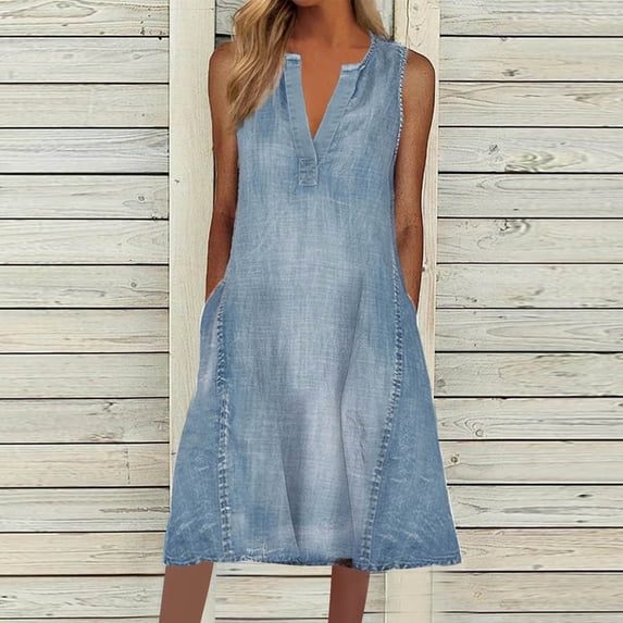 Guieoi Denim Dresses for Women Plus Spring/Summer V-neck Solid-Color Casual Sleeveless Jean Dress Blue S