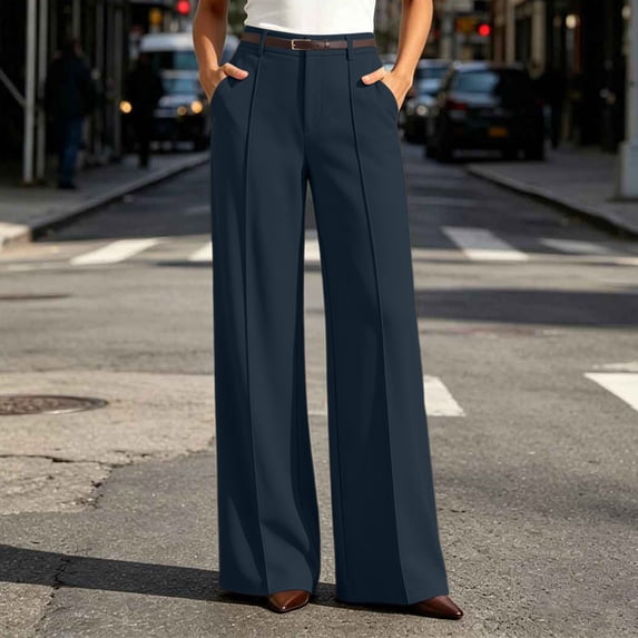 Guieoi Dress Pants for Women Business High Waisted Wide Leg Casual with Pockets Straight Leg Style Suitable for the Office Daily Wear Work Pants Blue XXL