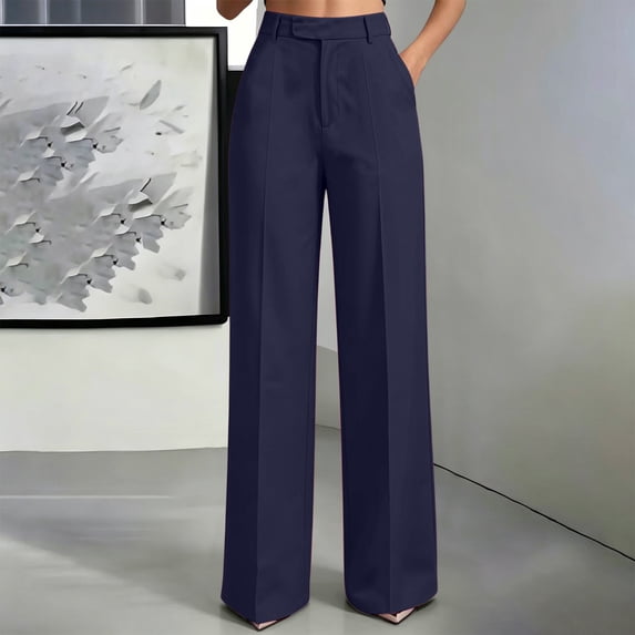 Guieoi Dress Pants for Women Business Solid Color High Waisted Flowing Straight Leg Minimalist Wide Leg Suit with Pockets Work Pants Blue S
