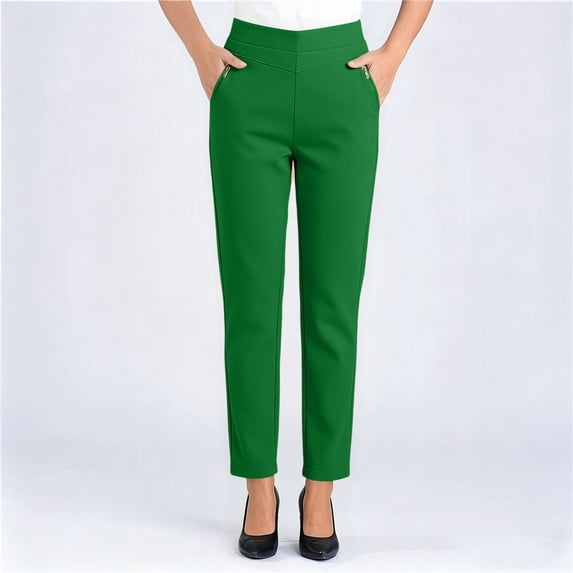 Guieoi Dress Pants for Women Business Solid Color Straight Leg Versatile with Elastic Waist Pockets Work Pants Green XXXXL