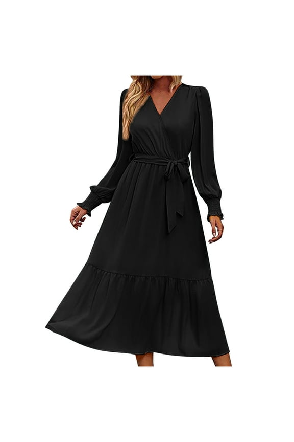 Dress for Women under $10.00 Plus Size Fashion Women Casual Bohemian Dress V-Neck Long Sleeve Dress Long Dress Black Black*Friday/Cyber*Monday