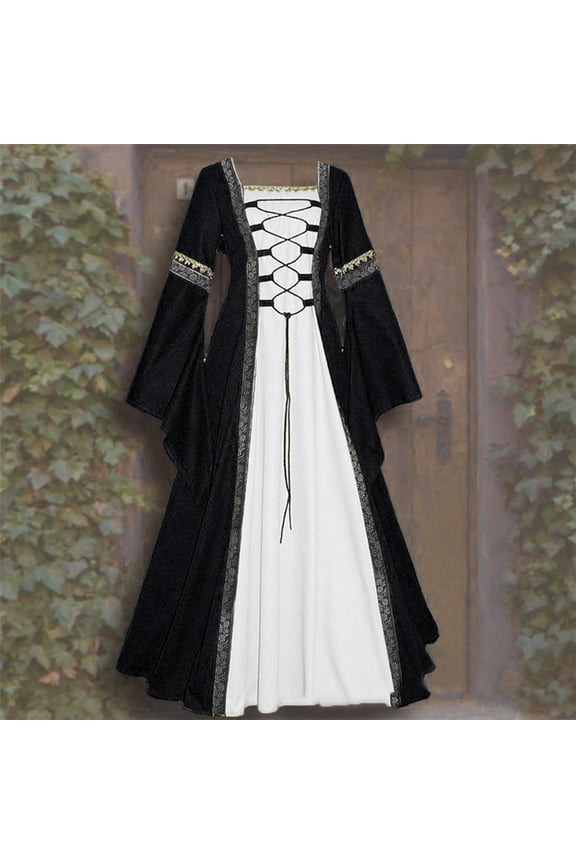 Dress for Women under $10.00 Plus Size Fashion Women Patchwork Casual Vintage Floor Length Gothic Cosplay Dress Black Black*Friday/Cyber*Monday