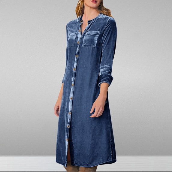 Guieoi Dress for Women under $10.00 Plus Size Fashion Women Solid Color V-Neck Long Ankle Sleeve High Waist Dress Skirt Blue