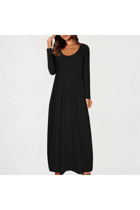 Dress for Women under $10.00 Plus Size Fashion Women's Casual Solid Color Dress Sexy Round Neck Long Sleeve Dress Black Black*Friday/Cyber*Monday