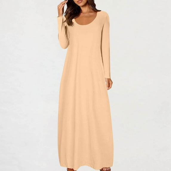 Guieoi Dress for Women under $10.00 Plus Size Fashion Women's Casual Solid Color Dress Sexy Round Neck Long Sleeve Dress Brown Black*Friday/Cyber*Monday
