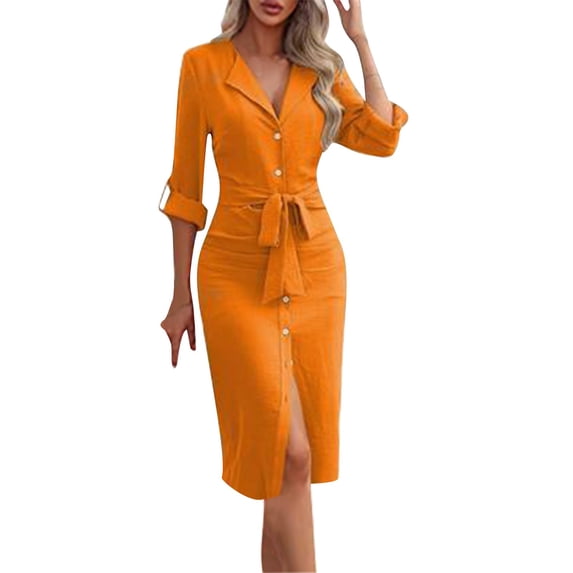 Guieoi Dress for Women under $10.00 Plus Size Fashion Women's Fall Dress Temperament Solid Long Sleeve V-Neck Dress Orange Black*Friday/Cyber*Monday