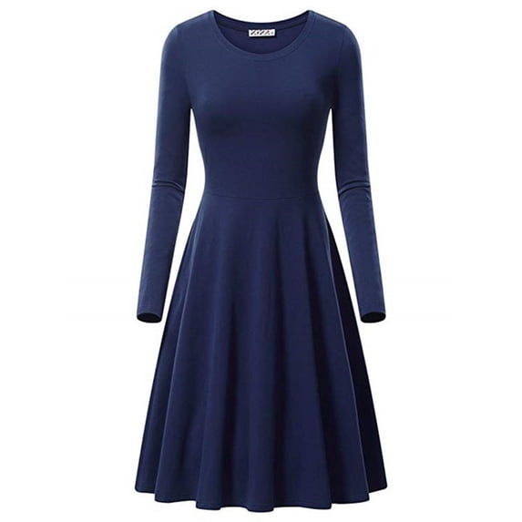 Guieoi Dress for Women under $10.00 Plus Size Women Elegant Temperament Solid Color Round Neck Long Sleeve Dress Blue