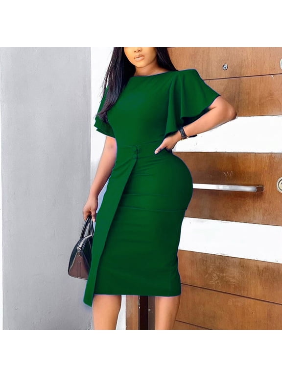 Dress for Women under $10.00 Plus Size Women Fashion Color Round Neck Temperament Commuting To Work Dress Green Black*Friday/Cyber*Monday