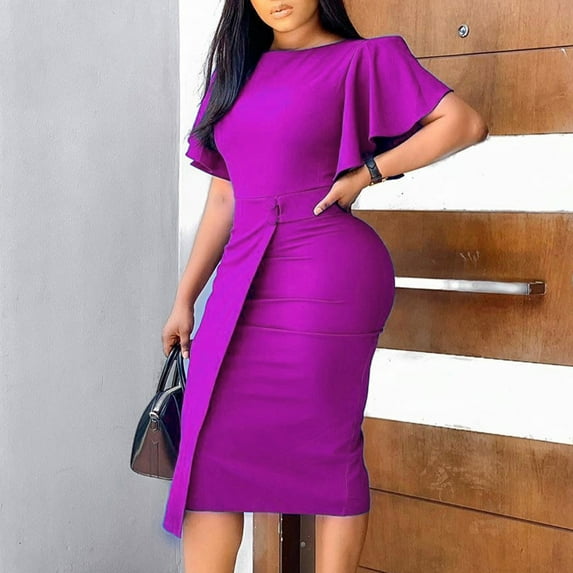 Guieoi Dress for Women under $10.00 Plus Size Women Fashion Color Round Neck Temperament Commuting To Work Dress Purple Black*Friday/Cyber*Monday
