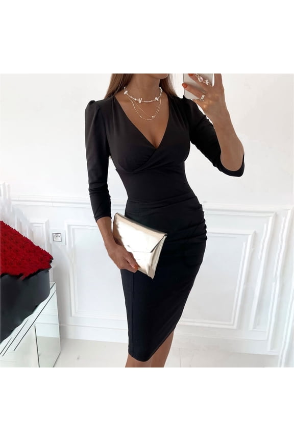Dress for Women under $10.00 Plus Size Women Sexy V Neck Solid Hem Ruched Long Sleeve Dress Black Black*Friday/Cyber*Monday