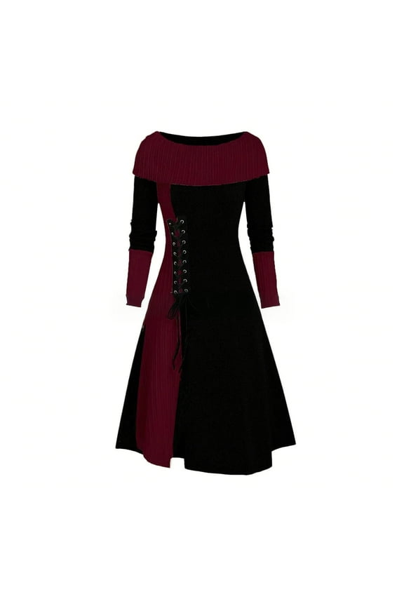Dress for Women under $10.00 Plus Size Women Solid Casual Long Sleeve Round Neck Drawstring Dress Red Black*Friday/Cyber*Monday