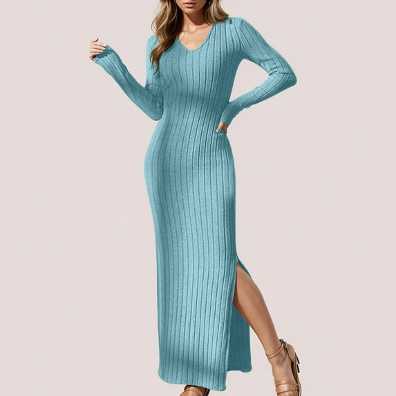 Guieoi Dress for Women under $10.00 Plus Size Women Solid Color Knitted Slim Lapel Long Sleeve Stripe-Neck Dress Blue Black*Friday/Cyber*Monday