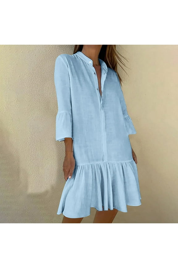 Dress for Women under $10.00 Plus Size Women's Casual Fashion Linen Long-sleeved Dress with Button Blue Black*Friday/Cyber*Monday