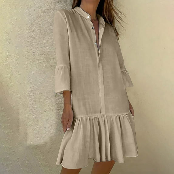 Guieoi Dress for Women under $10.00 Plus Size Women's Casual Fashion Linen Long-sleeved Dress with Button Brown Black*Friday/Cyber*Monday