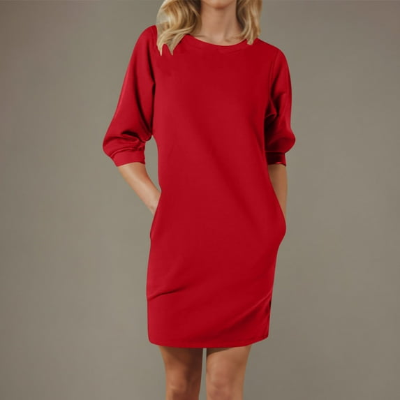 Guieoi Dress for Women under $10.00 Plus Size Women's Casual Round Neck Five Quarter Sleeve Pocket Solid Color Dress Red Black*Friday/Cyber*Monday