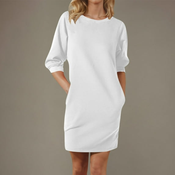 Guieoi Dress for Women under $10.00 Plus Size Women's Casual Round Neck Five Quarter Sleeve Pocket Solid Color Dress White Black*Friday/Cyber*Monday