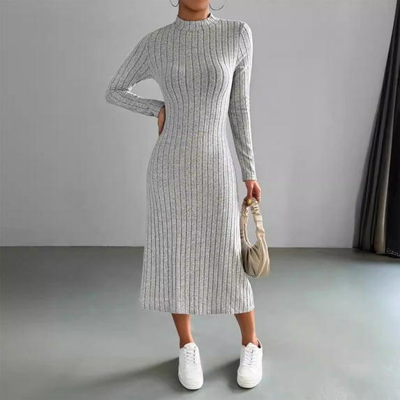 Guieoi Dress for Women under $10.00 Plus Size Women's Casual Round Neck Mid Length Dress Slim Solid Color Knitted Matte Stripe Long Sleeve Dress Gray Black*Friday/Cyber*Monday