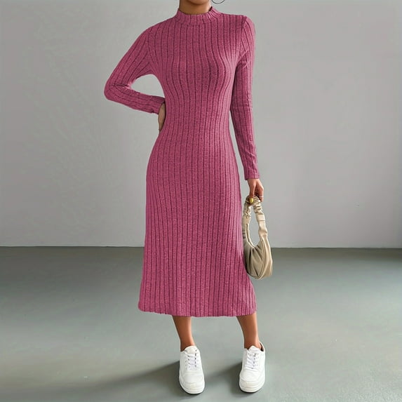 Guieoi Dress for Women Clearance under $10.00 Plus Size Women's Casual Round Neck Mid Length Dress Slim Solid Color Knitted Matte Stripe Long Sleeve Dress Pink Black*Friday/Cyber*Monday Clearance