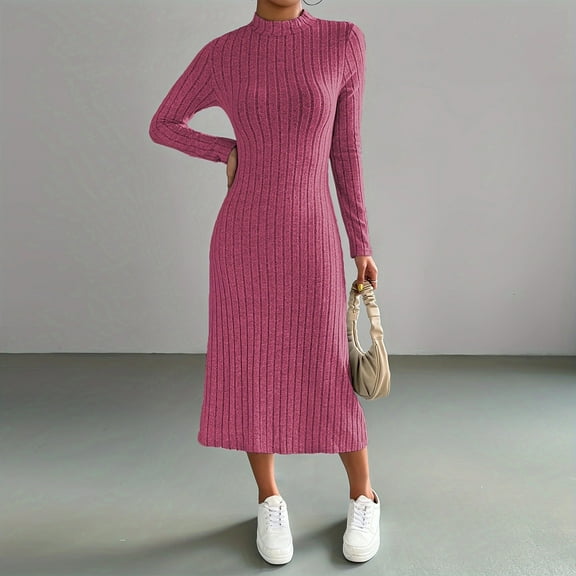 Guieoi Dress for Women under $10.00 Plus Size Women's Casual Round Neck Mid Length Dress Slim Solid Color Knitted Matte Stripe Long Sleeve Dress Pink Black*Friday/Cyber*Monday