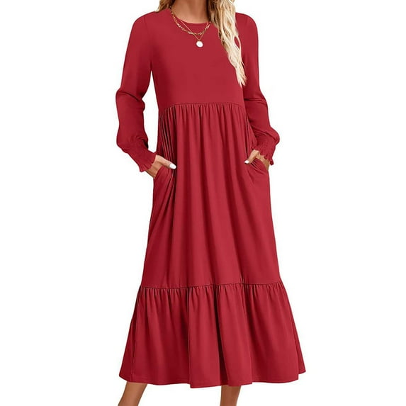 Guieoi Dress for Women under $10.00 Plus Size Women's Casual Solid Color Long Sleeve Pleated Large Dress Red Black*Friday/Cyber*Monday