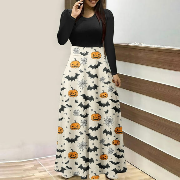 Guieoi Dress for Women under $10.00 Plus Size Women's Fashion Printed Long Sleeve Round Neck Pullover Patchwork Dress Beige Black*Friday/Cyber*Monday