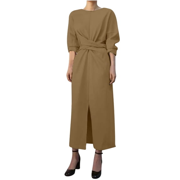 Guieoi Dress for Women Clearance under $10.00 Plus Size Women's Fashion Round Neck Loose Long Sleeve Solid Mid-Calf Dress Long Dress Brown Black*Friday/Cyber*Monday Clearance