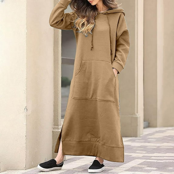 Guieoi Dress for Women Clearance under $10.00 Plus Size Women's Fashion Round Neck Winter Warm Color Long Sleeve Pocket Long Dress Brown Black*Friday/Cyber*Monday Clearance