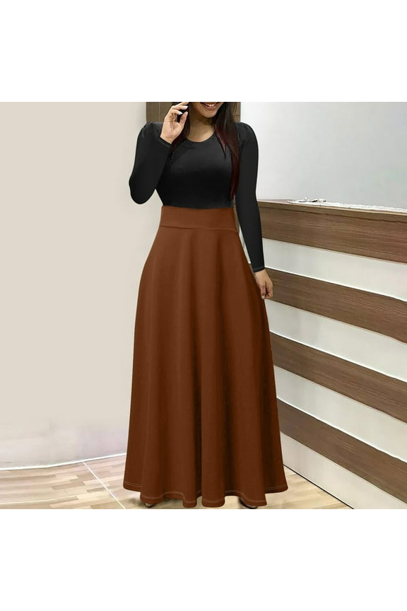 Dress for Women under $10.00 Plus Size Women's Fashion Solid Long Sleeve Round Neck Pullover Patchwork Dress Brown Black*Friday/Cyber*Monday