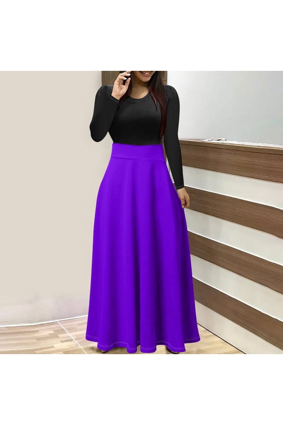 Dress for Women under $10.00 Plus Size Women's Fashion Solid Long Sleeve Round Neck Pullover Patchwork Dress Purple Black*Friday/Cyber*Monday