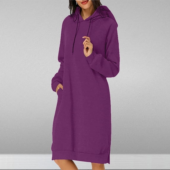 Guieoi Dress for Women under $10.00 Plus Size Women's Long Sleeve Solid Color Hoodie Loose Dress Girl Spring Winter Loose Dress Purple Black*Friday/Cyber*Monday