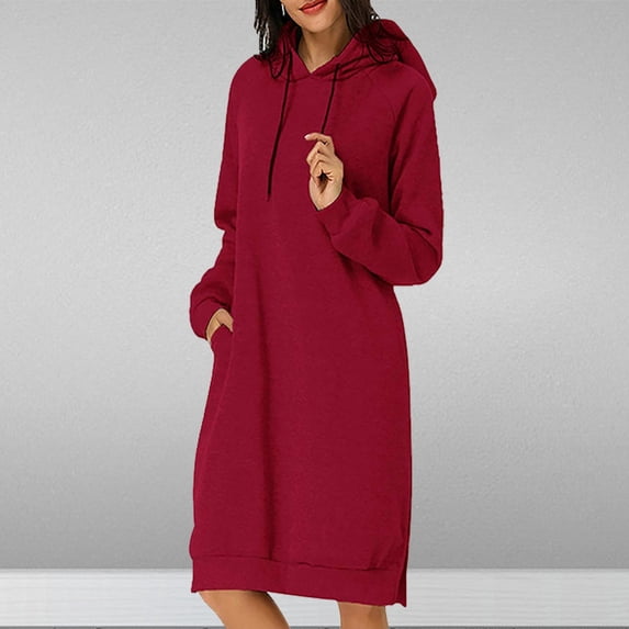 Guieoi Dress for Women under $10.00 Plus Size Women's Long Sleeve Solid Color Hoodie Loose Dress Girl Spring Winter Loose Dress Red